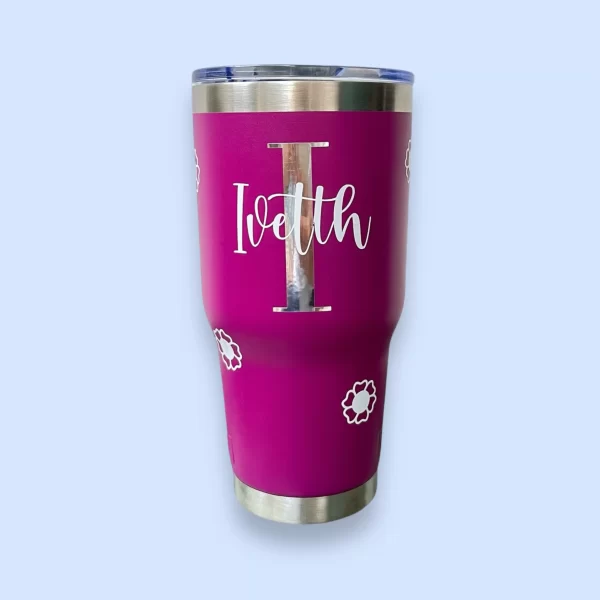 Termo 30 oz flores con diseño morado personalizable